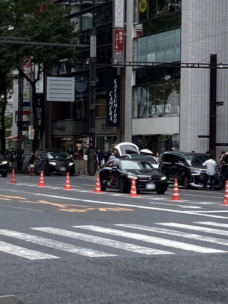 The tall Katsumido Camera sign seen across Harumi-dori in Ginza, among the big brand buildings
