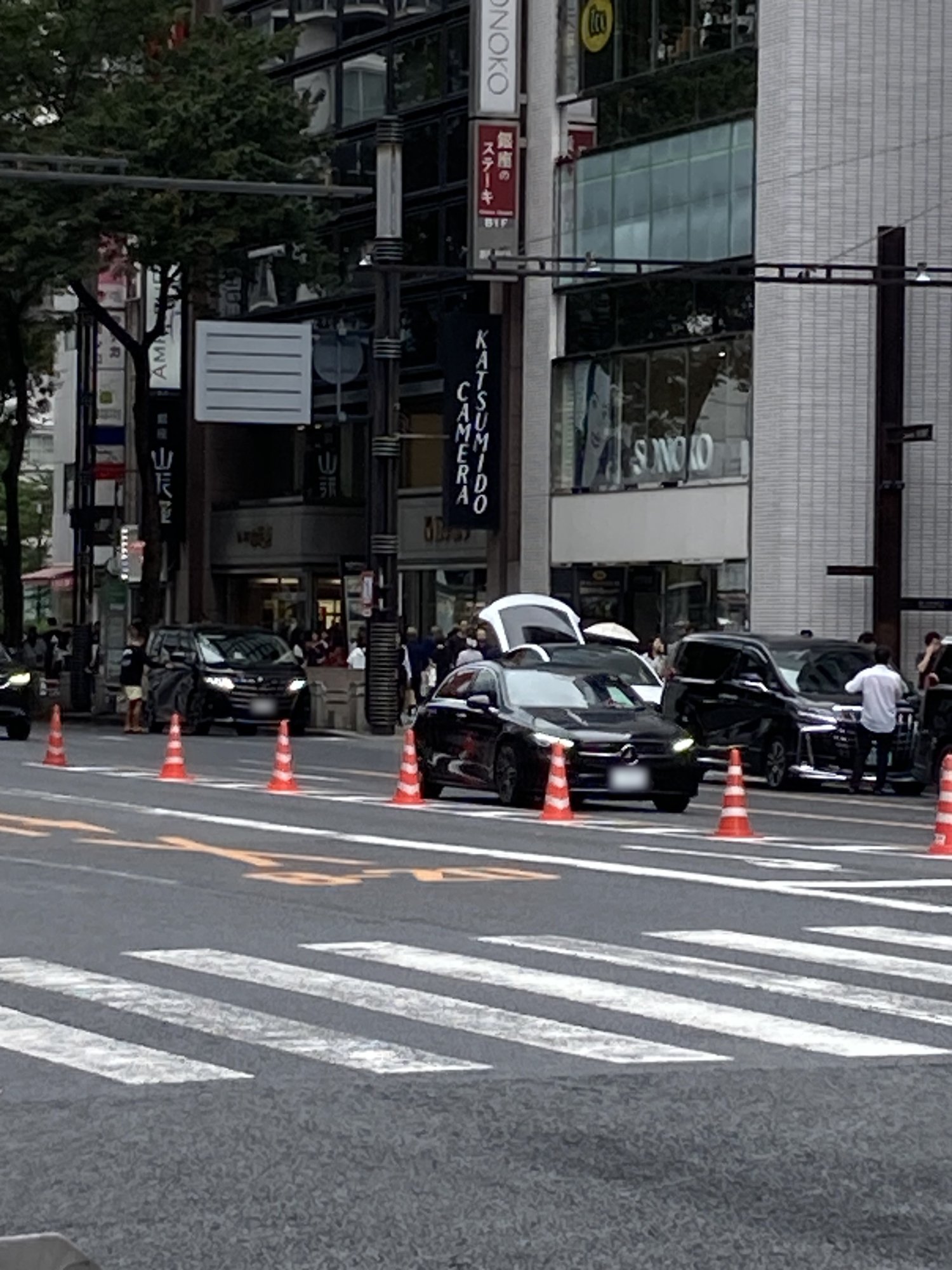 The tall Katsumido Camera sign seen across Harumi-dori in Ginza, among the big brand buildings