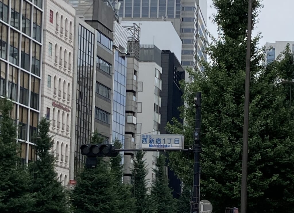 Intersection sign reading Nishishinjuku 1 above a traffic light in Shinjuku